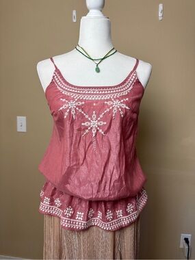 Papaya Pink top with white beading Size medium